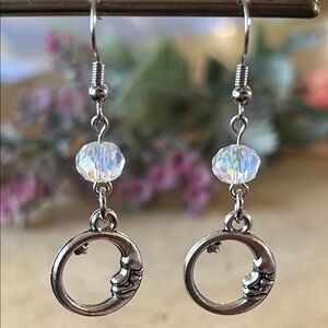 Handmade Silver Moon + AB Crystal Dangle Earrings